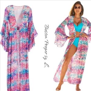 Boston Proper Watercolor Garden Print Shimmer Duster /Cover up sz L